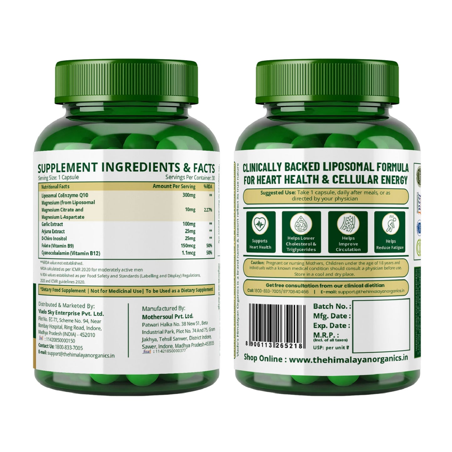 Himalayan Organics Liposomal Coenzyme Q10 | CoQ10 Supplement 300mg+ with Magnesium, Vitamin B9 & B12  Arjuna and Garlic Capsules