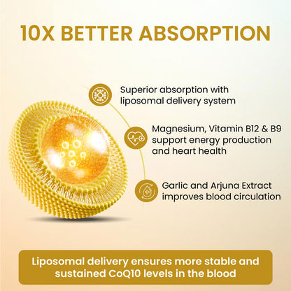 Himalayan Organics Liposomal Coenzyme Q10 | CoQ10 Supplement 300mg+ with Magnesium, Vitamin B9 & B12  Arjuna and Garlic Capsules