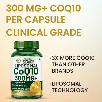 Himalayan Organics Liposomal Coenzyme Q10 | CoQ10 Supplement 300mg+ with Magnesium, Vitamin B9 & B12  Arjuna and Garlic Capsules