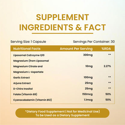 Himalayan Organics Liposomal Coenzyme Q10 | CoQ10 Supplement 300mg+ with Magnesium, Vitamin B9 & B12  Arjuna and Garlic Capsules