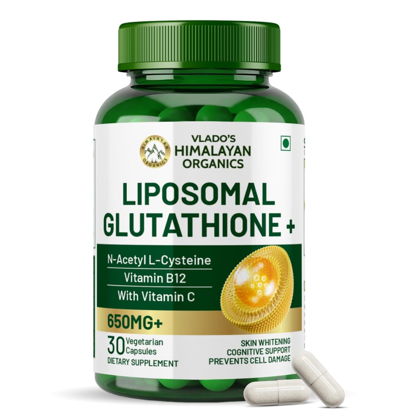Himalayan Organics Liposomal Glutathione 650 mg+ Advanced Liposomal Formula with N-Acetyl L-Cysteine, Vitamin C & B12 Detox and Skin Glow 30 Veg Capsules