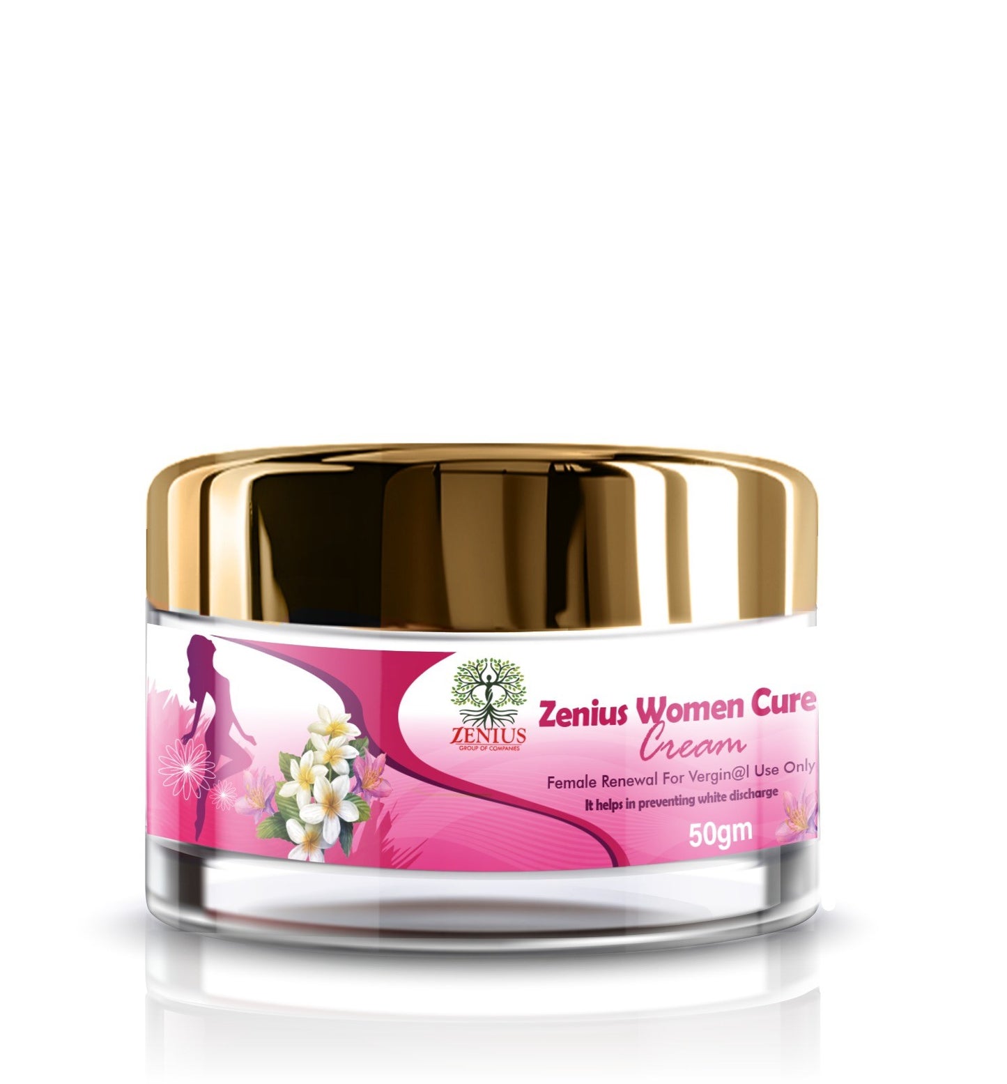 A 50ml jar of Zenius Women Cure Cream with a shiny gold metallic lid and a pink and white label, set against a plain white background with a soft reflection.