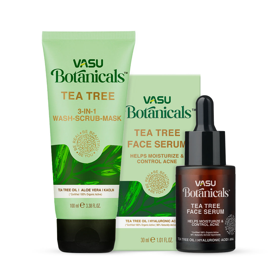 Vasu Botanicals Tea Tree Face Serum and 3 in 1 Wash Scrub Mask Combo